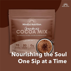 Mindful Nutrition Grandmas organic cocoa powder and sugar blend close-up for rich flavor.