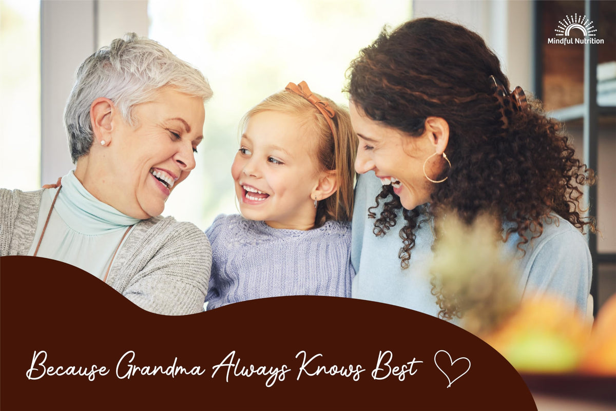 Mindful Nutrition Grandmas Organic hot chocolate canister with resealable lid for freshness.