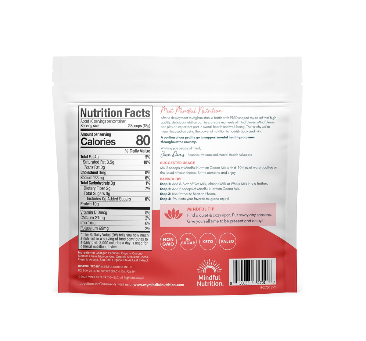 Mindful Nutrition keto protein cocoa mix dairy-free packaging appeals to lactose-intolerant shoppers