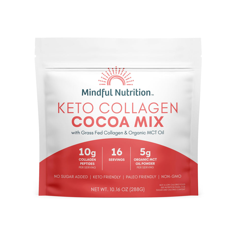 Mindful Nutrition keto protein cocoa mix packaging highlights sugar-free, dairy-free hot chocolate option