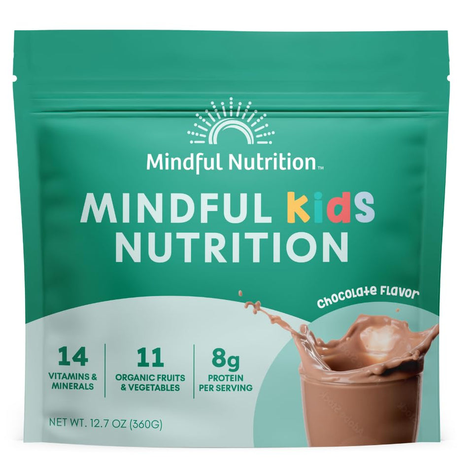 Mindful Nutrition Kids protein powder bottle close-up for a tasty after-school shake.