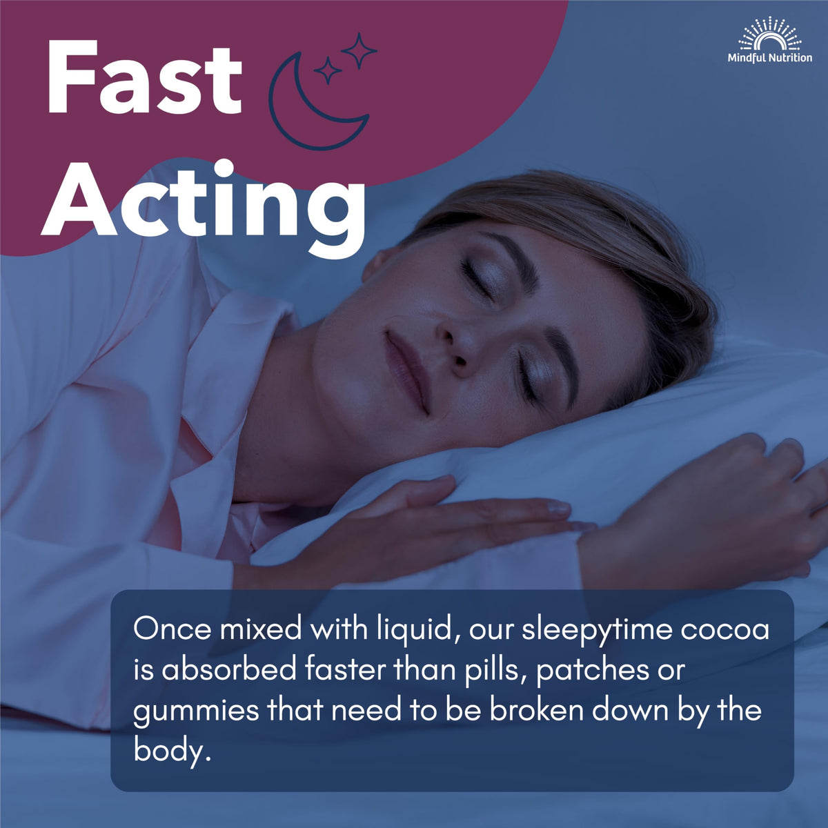 Packaging of Mindful Nutrition evening cocoa mix shown as a travel-friendly sleep aid.