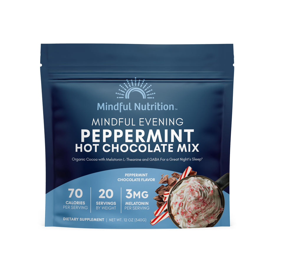 Mindful Nutrition peppermint cocoa mix being poured into a mug for a cozy wind-down.