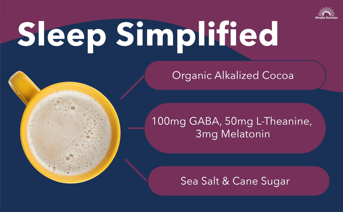 Mindful Nutrition peppermint cocoa mix in a bedtime routine setup.