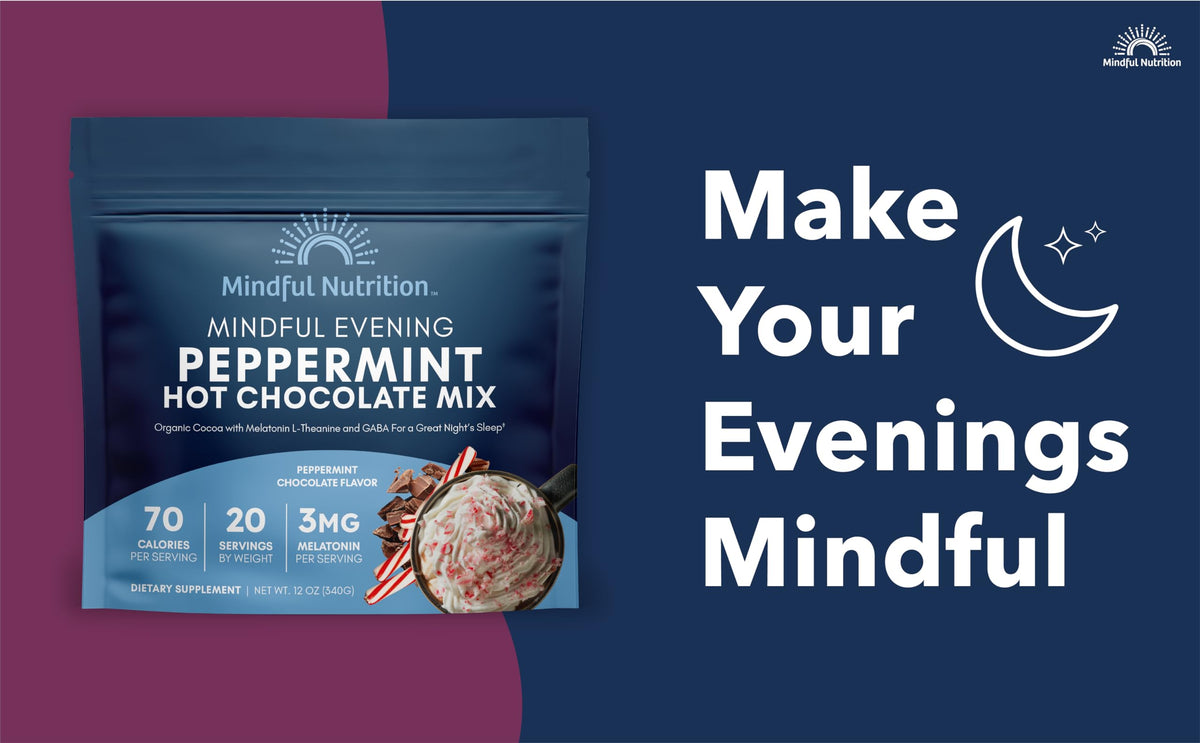 Steaming cup of Mindful Nutrition peppermint cocoa mix before bed.