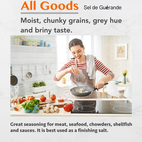 All Goods Mineral Grey Salt on kitchen counter beside spices for easy access.