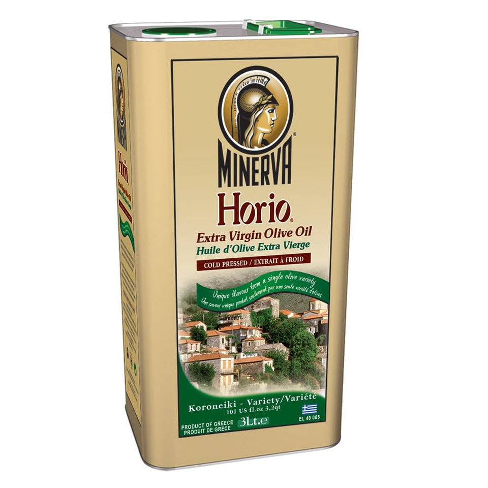 Minerva Horio olive oil bottle front shows rich aroma for salads.