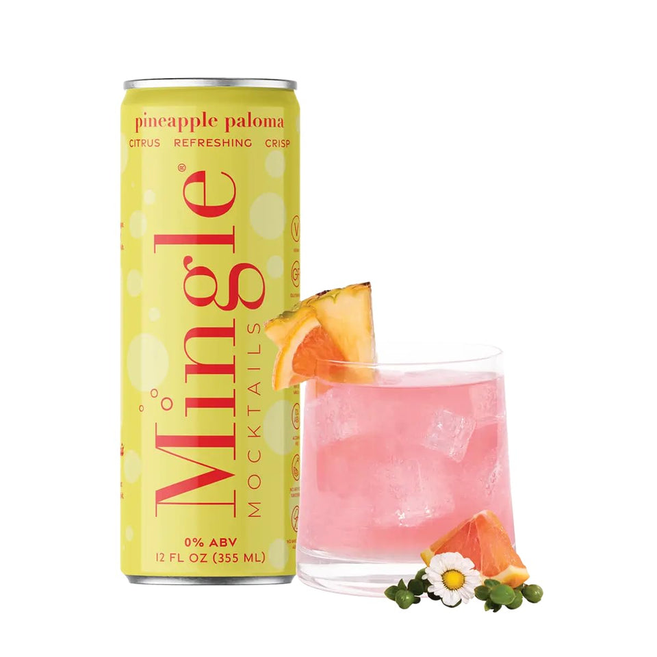 Mingle Mocktails Pineapple Paloma can, refreshing gluten-free alcohol-free beverage for gatherings.