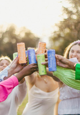 Mingle Sparkling Mocktails 24-pack cans, convenient on-the-go refreshment with real juice.
