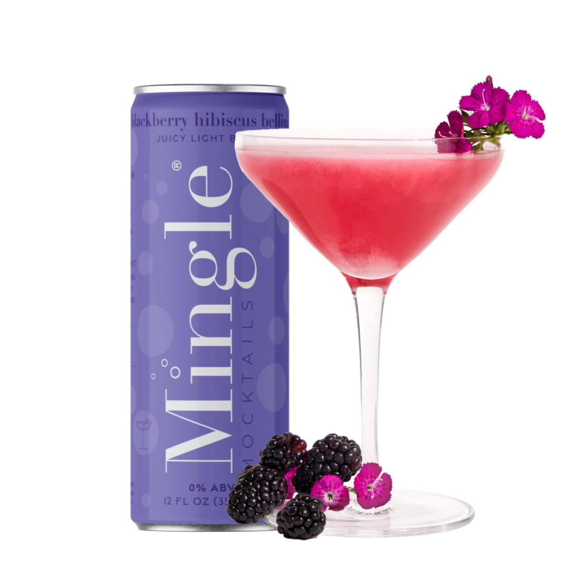 Mingle Sparkling Mocktails Blackberry Hibiscus Bellini can—gluten-free and vegan, refreshing non-alcoholic option.