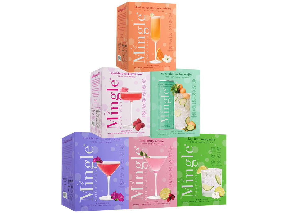 Mingle Sparkling Mocktails variety pack, six flavors, perfect for at-home tasting and gatherings.