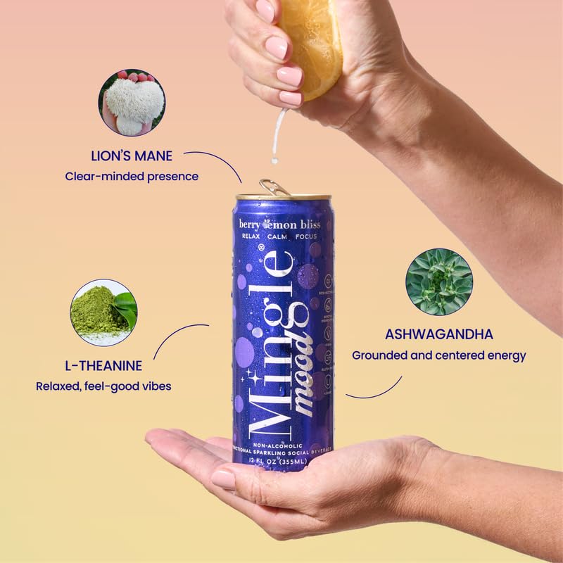 Mingle Sparkling Berry Lemon Bliss bottle closeup, vibrant berry-lemon flavors for a party-ready sip.