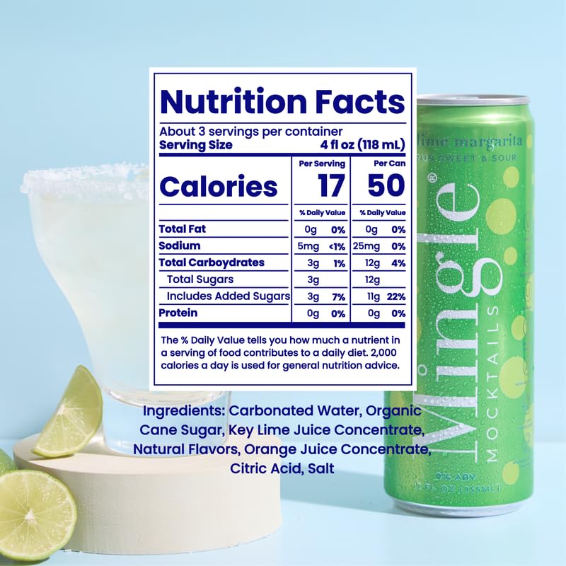 Mingle Sparkling Mocktails Key Lime Margarita ingredients highlight lime and botanicals, premium and vegan.