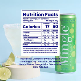 Mingle Sparkling Mocktails Key Lime Margarita ingredients highlight lime and botanicals, premium and vegan.