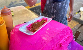 Mini Mercadito pink turron served on plate, showcasing texture and crunch