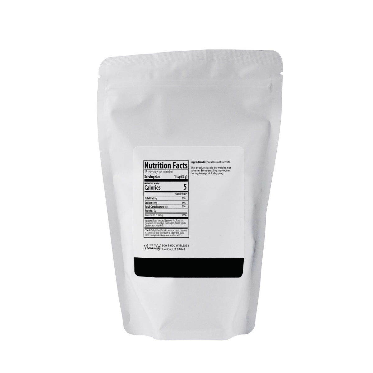 Minimalist Cream of Tartar packaged in a sleek white bag for easy use.