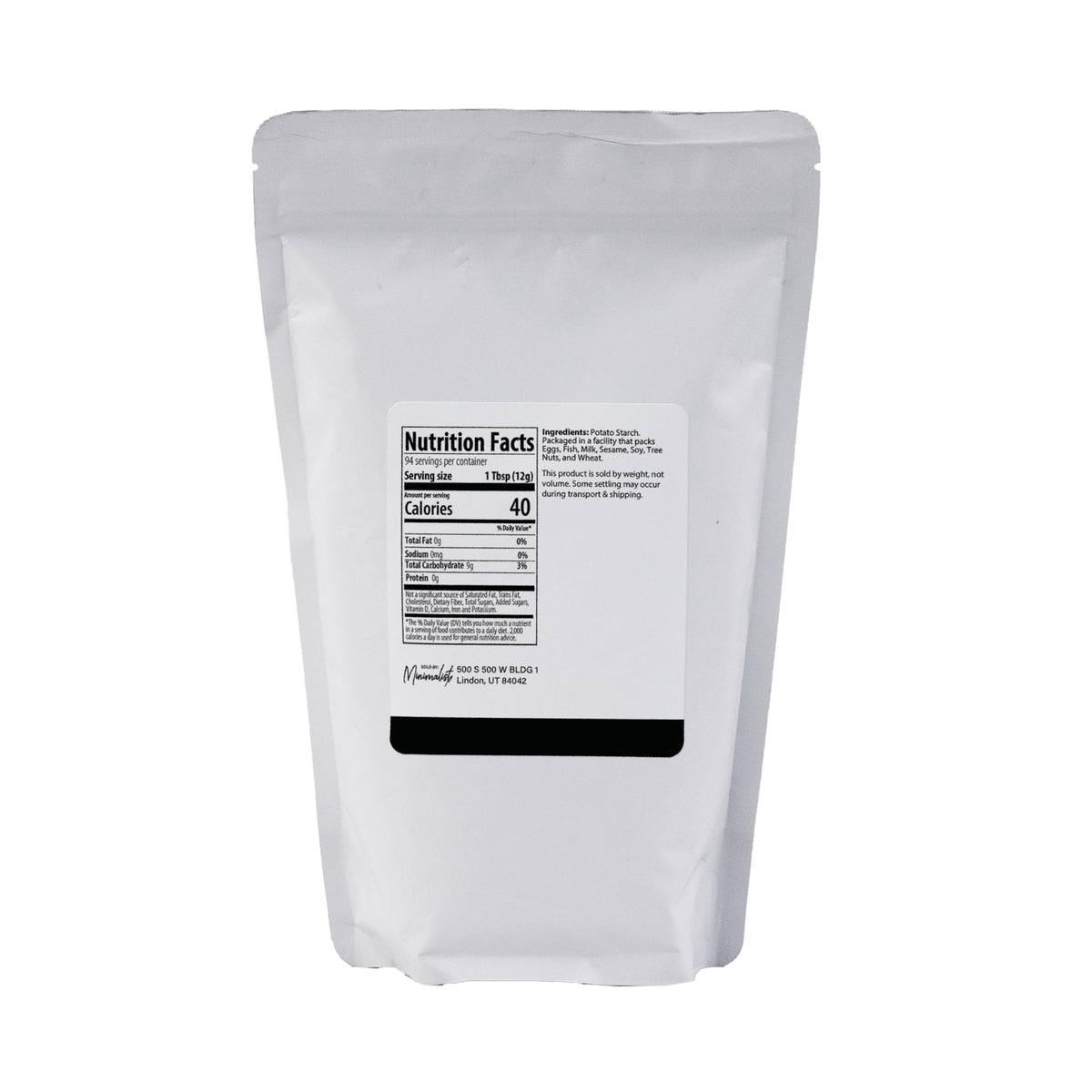 Minimalist Potato Starch bag closeup reveals pure ingredients and minimalist packaging