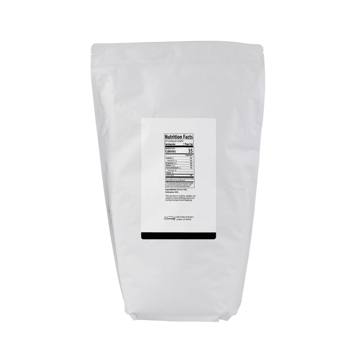 Minimalist Whole Milk Powder bag sealed to preserve freshness and convenience