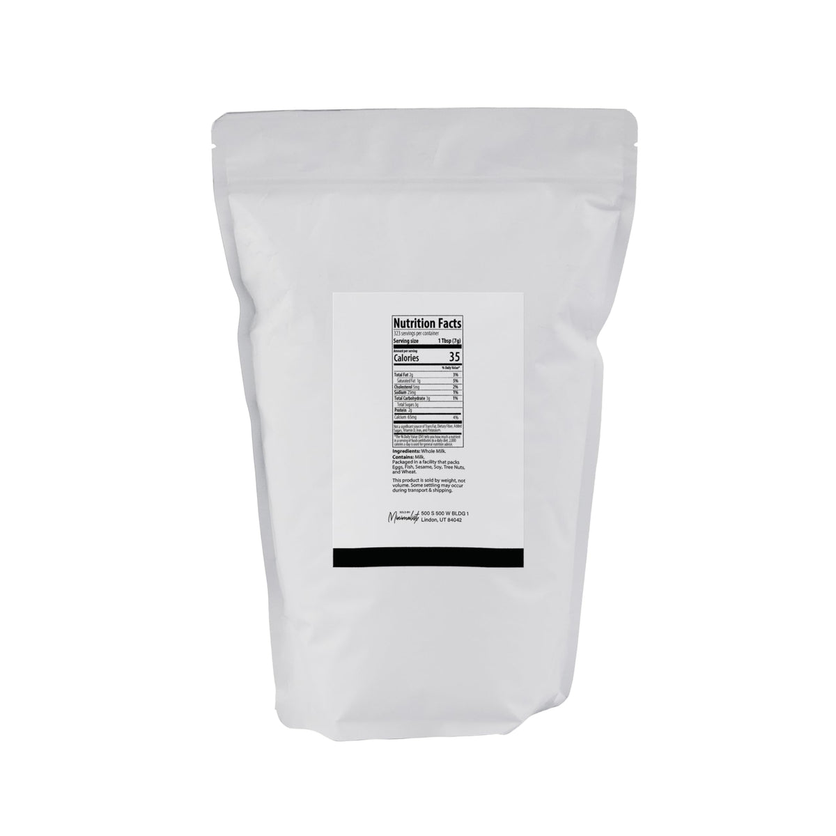 Minimalist Whole Milk Powder resealable bag close-up, keeps freshness between uses.