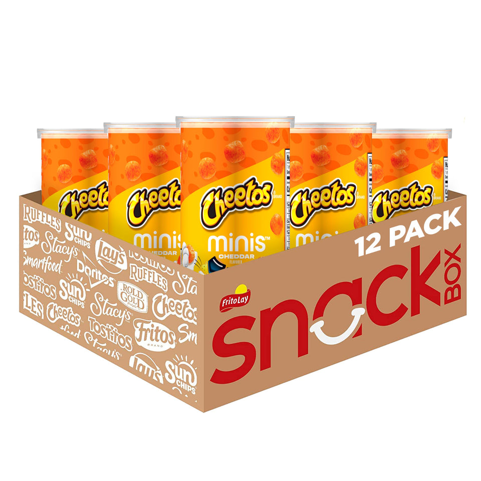 Minis Cheetos Cheddar 12-pack canisters ready for on-the-go snacking