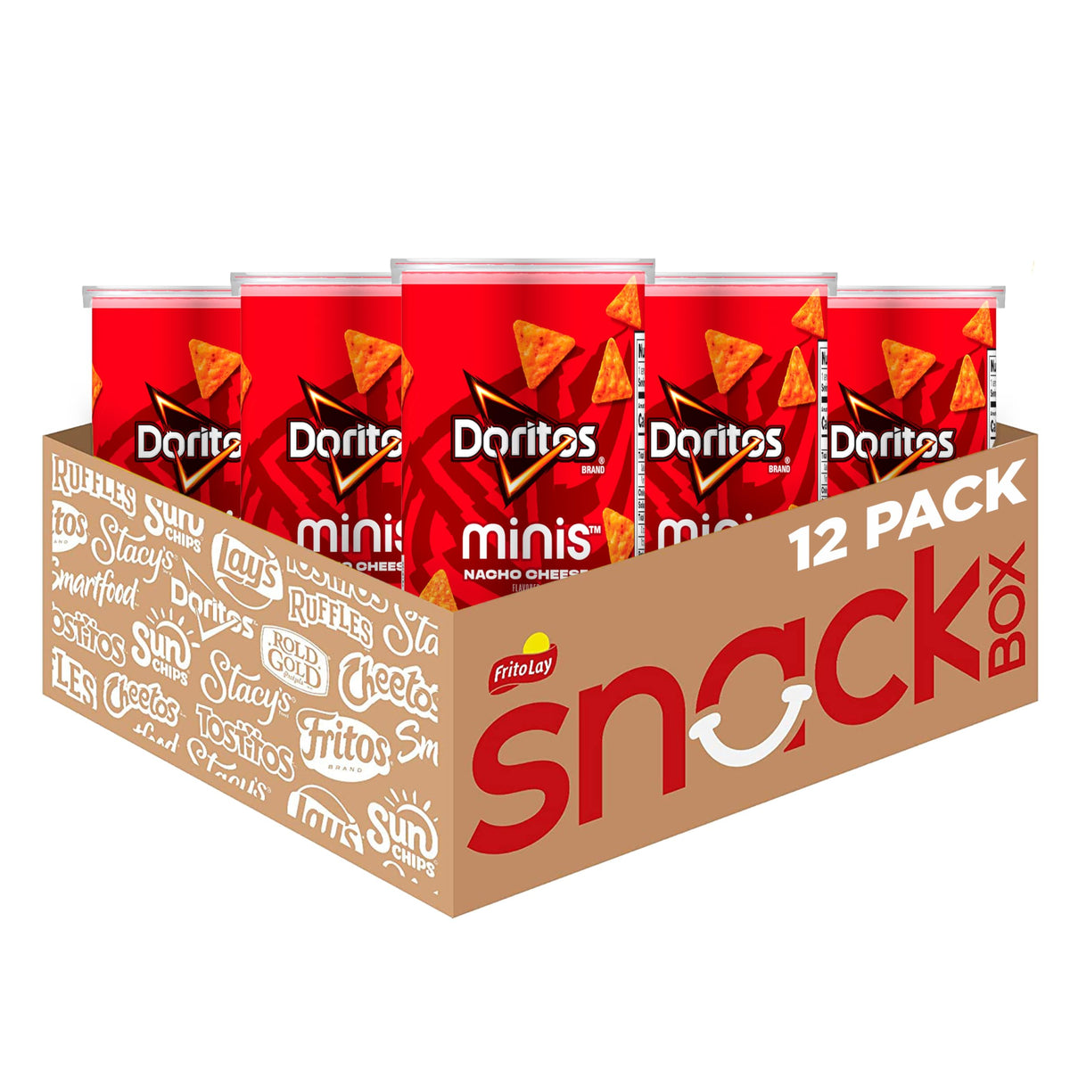 Minis Doritos Nacho Cheese canisters 12-pack, convenient travel snack.