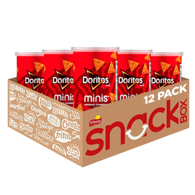 Minis Doritos Nacho Cheese canisters 12-pack, convenient travel snack.