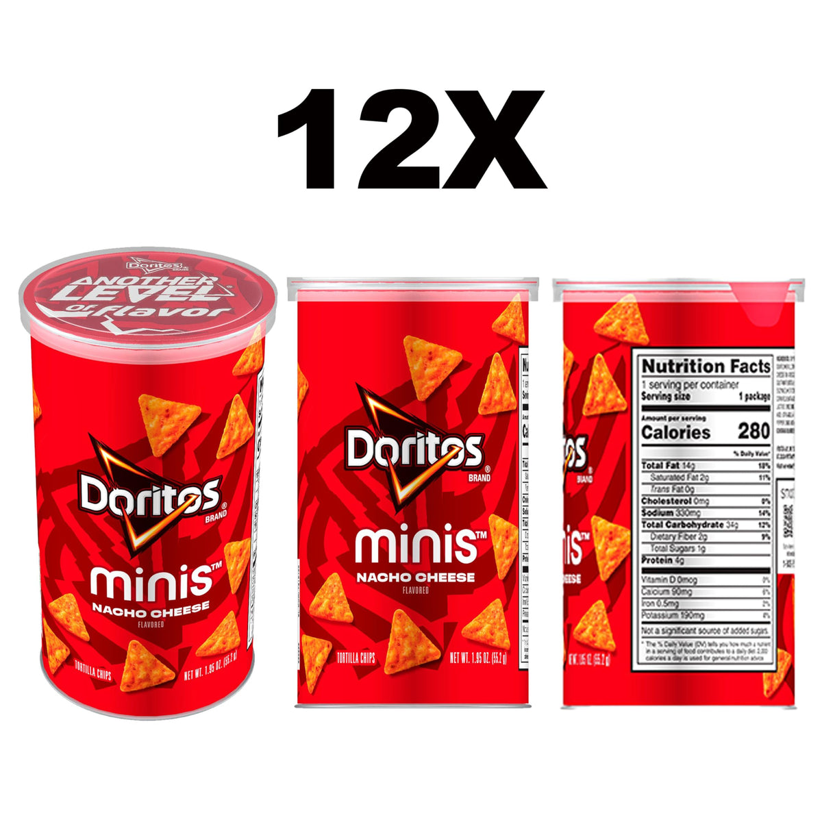 Minis Doritos Nacho Cheese chips close-up showing bold bite-size crunch.