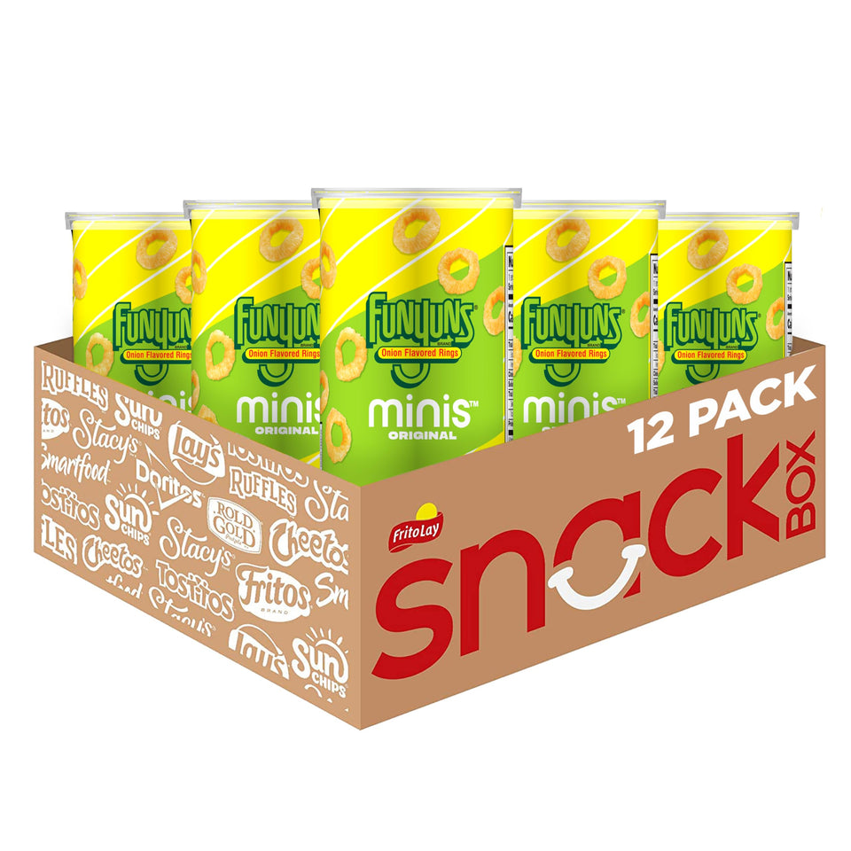 Minis Funyuns Original 12-pack canisters for on-the-go munching.
