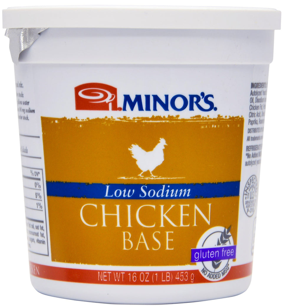 MINOR'S low-sodium chicken base in a 16oz container for rich stocks.