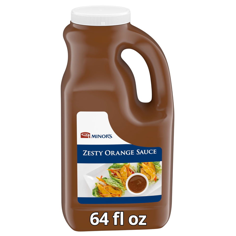 MINOR'S Zesty Orange Sauce bottle demonstrating ready-to-use glaze for meats and noodles