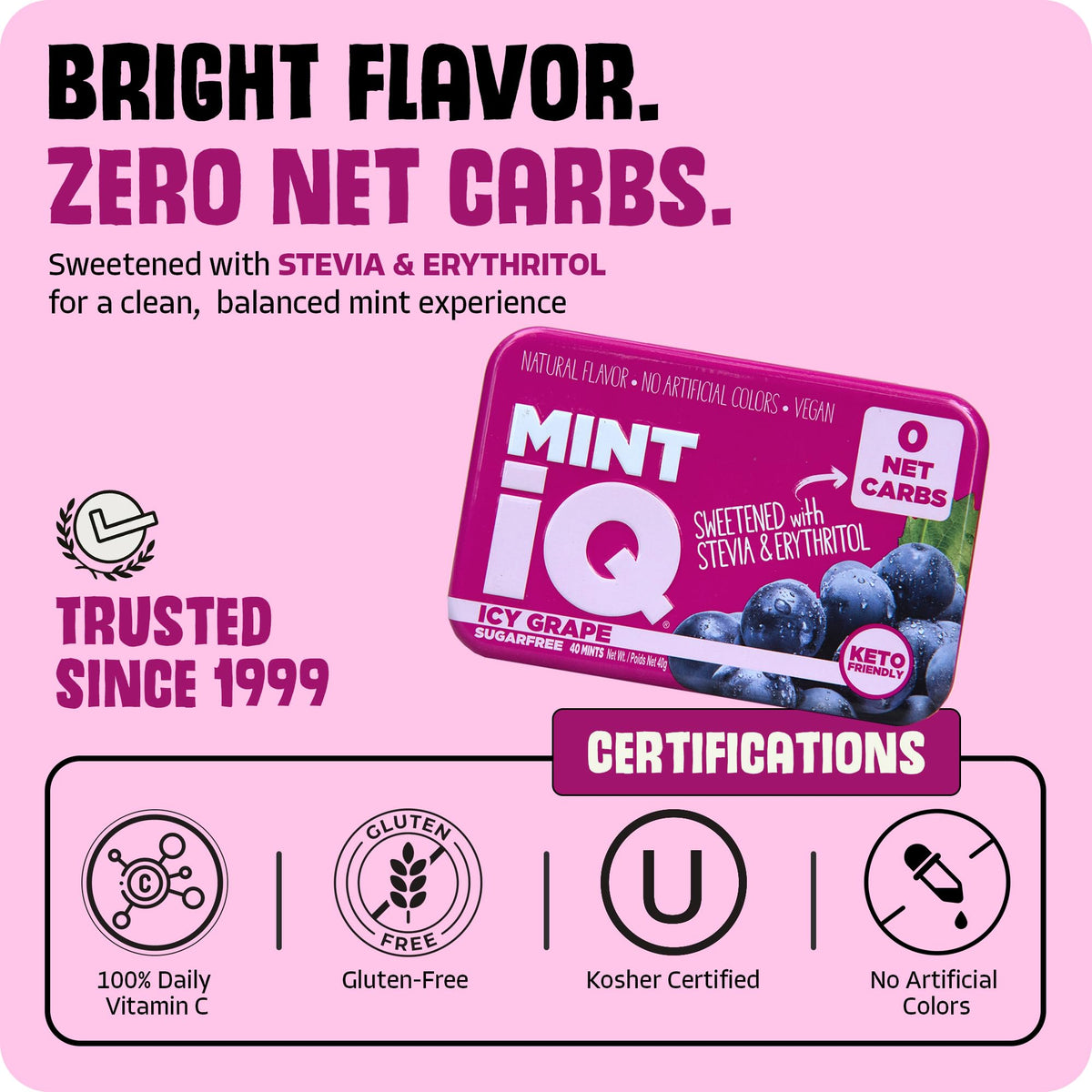 Close-up of Mint IQ Icy Grape mints highlighting a smooth, fruity mint flavor.