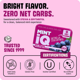 Close-up of Mint IQ Icy Grape mints highlighting a smooth, fruity mint flavor.