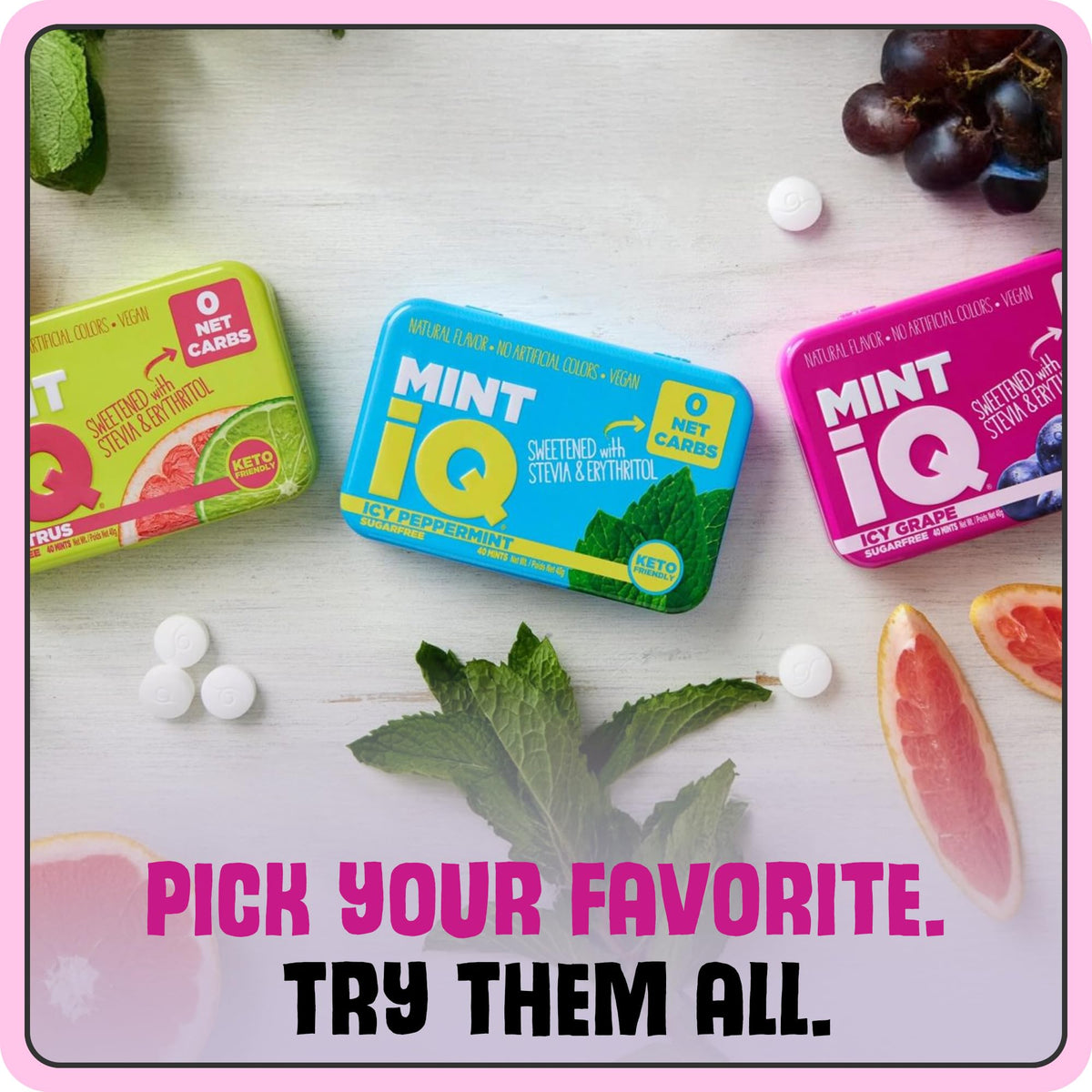 Mint IQ Icy Grape mints packaging with natural flavors and no artificial colors.