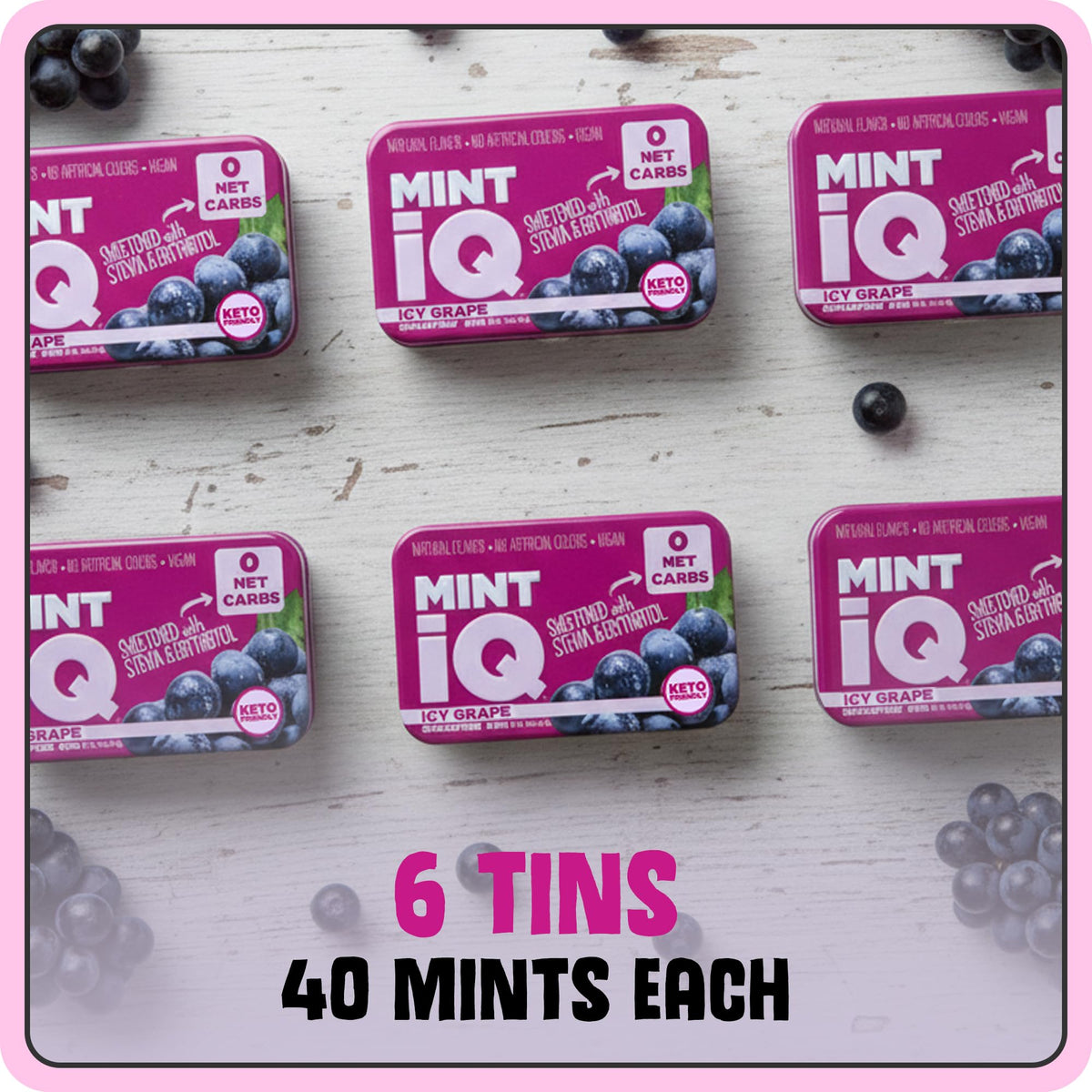 Six-tin set of Mint IQ Icy Grape mints emphasizes keto-friendly and vegan options.
