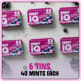 Six-tin set of Mint IQ Icy Grape mints emphasizes keto-friendly and vegan options.