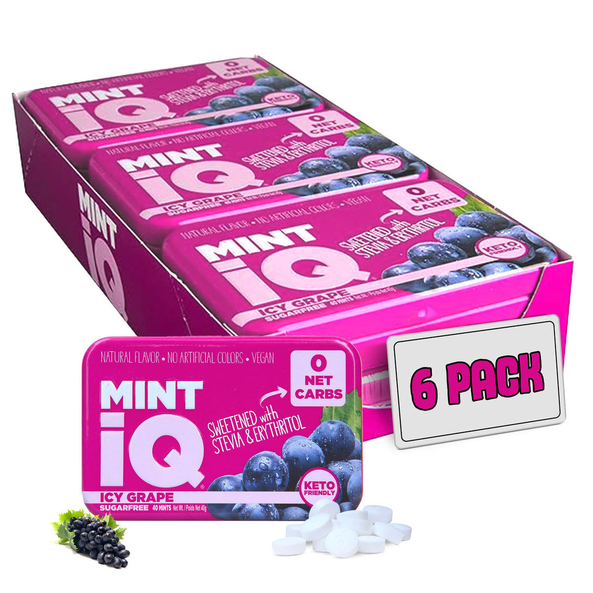 Mint IQ Icy Grape mints in a display tray for convenient, long-lasting freshness.