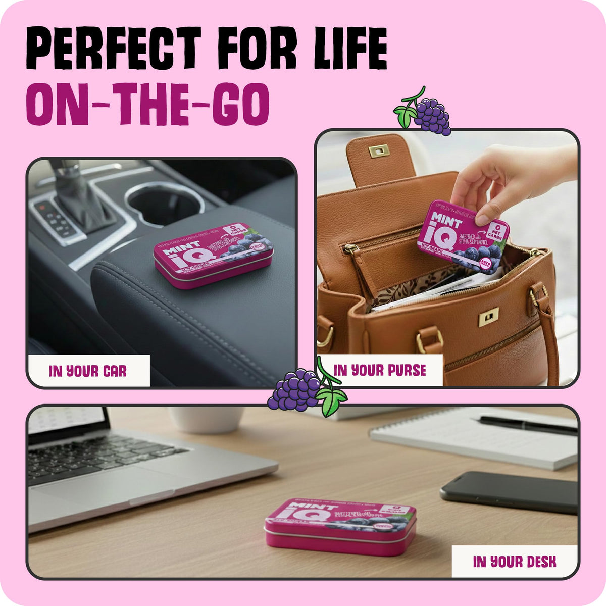 Travel tin of Mint IQ Icy Grape mints for on-the-go refreshing breath.