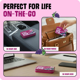 Travel tin of Mint IQ Icy Grape mints for on-the-go refreshing breath.