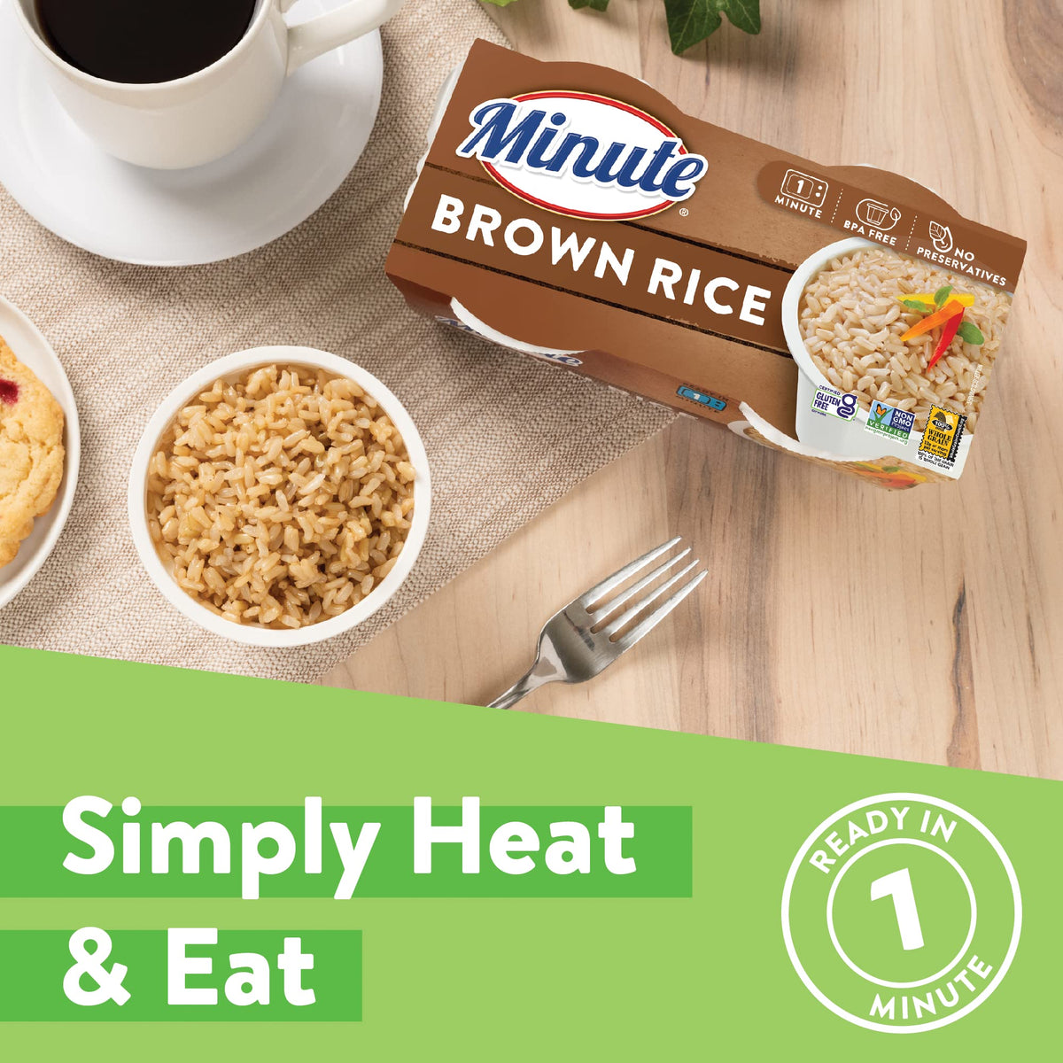 Minute brown rice cups microwave-friendly for quick meals and sides.