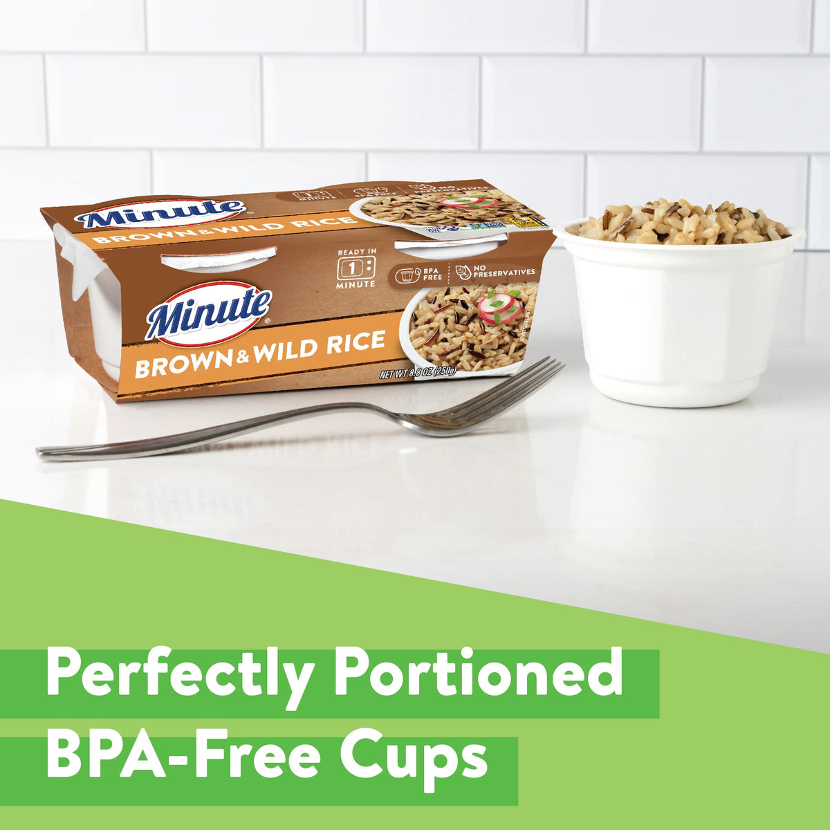 Minute brown-wild rice cup texture, fluffy and nutty for versatile recipes.