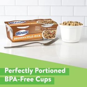 Minute brown-wild rice cup texture, fluffy and nutty for versatile recipes.
