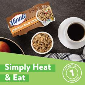 Minute Ready-to-Serve brown-wild rice cups, gluten-free and preservative-free, ideal for on-the-go meals.