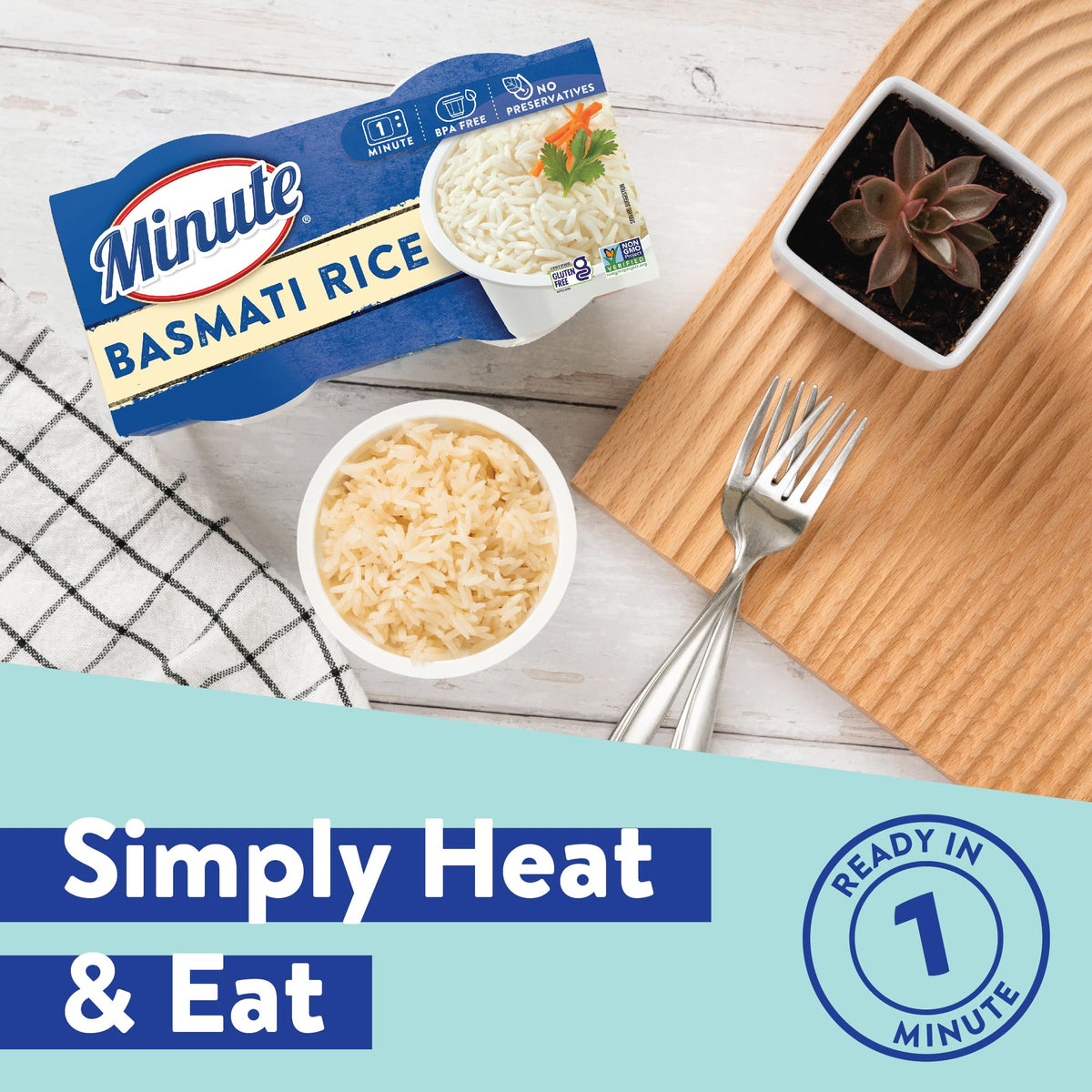 Minute Basmati rice cups microwavable in one minute, ideal for busy lunches.