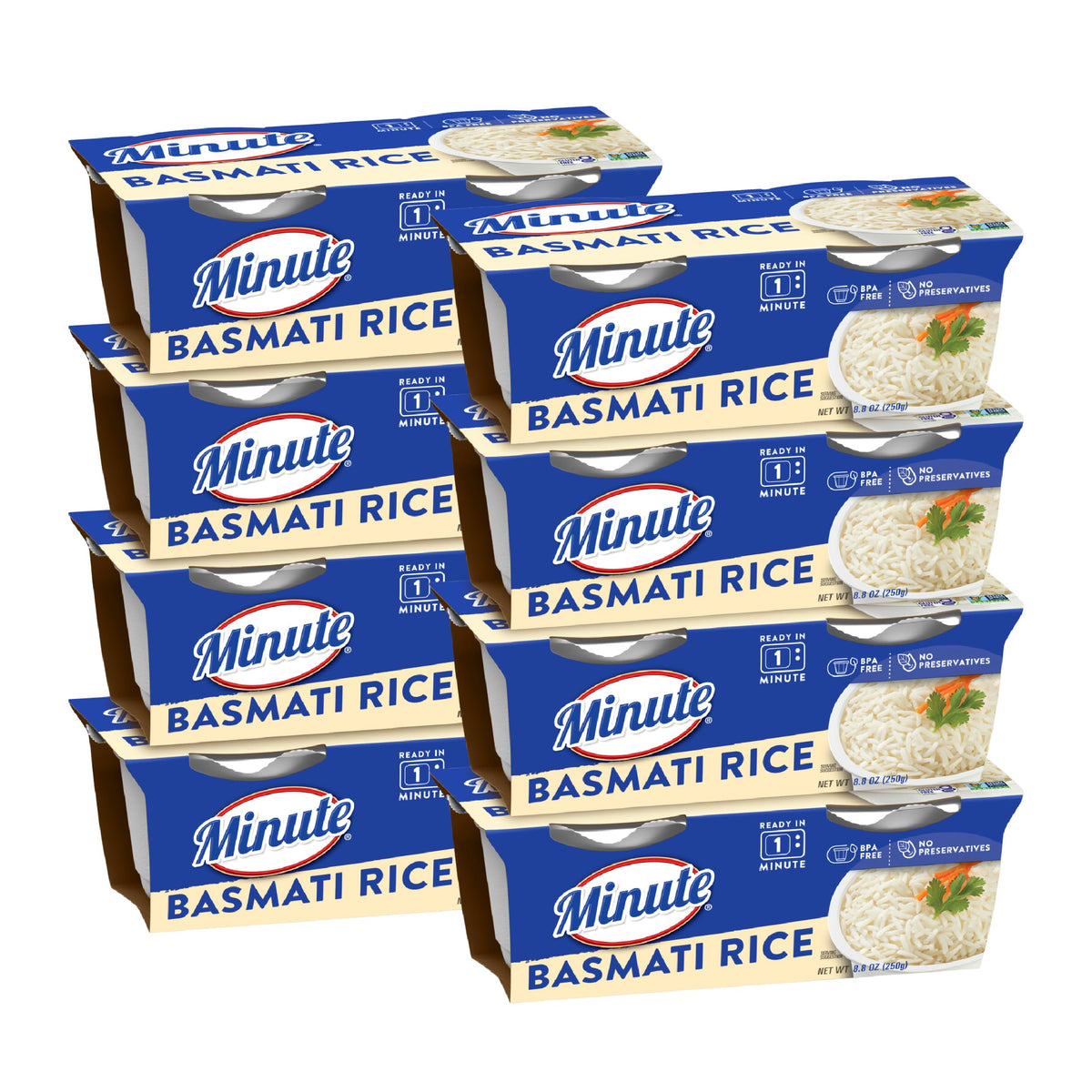 Minute Ready-to-Serve Basmati rice cups pack eight, convenient for quick meals.