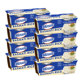 Minute Ready-to-Serve Basmati rice cups pack eight, convenient for quick meals.