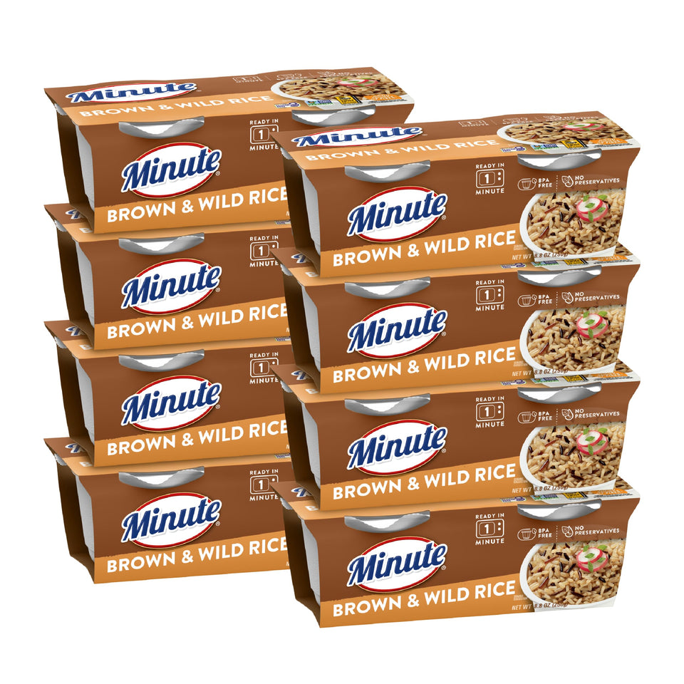 Minute Ready-to-Serve brown-wild rice cup microwaving, convenient one-minute side for busy days.