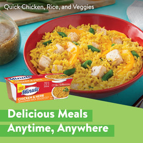 Minute Ready-to-Serve chicken and herb rice cup, close-up of texture and aroma.