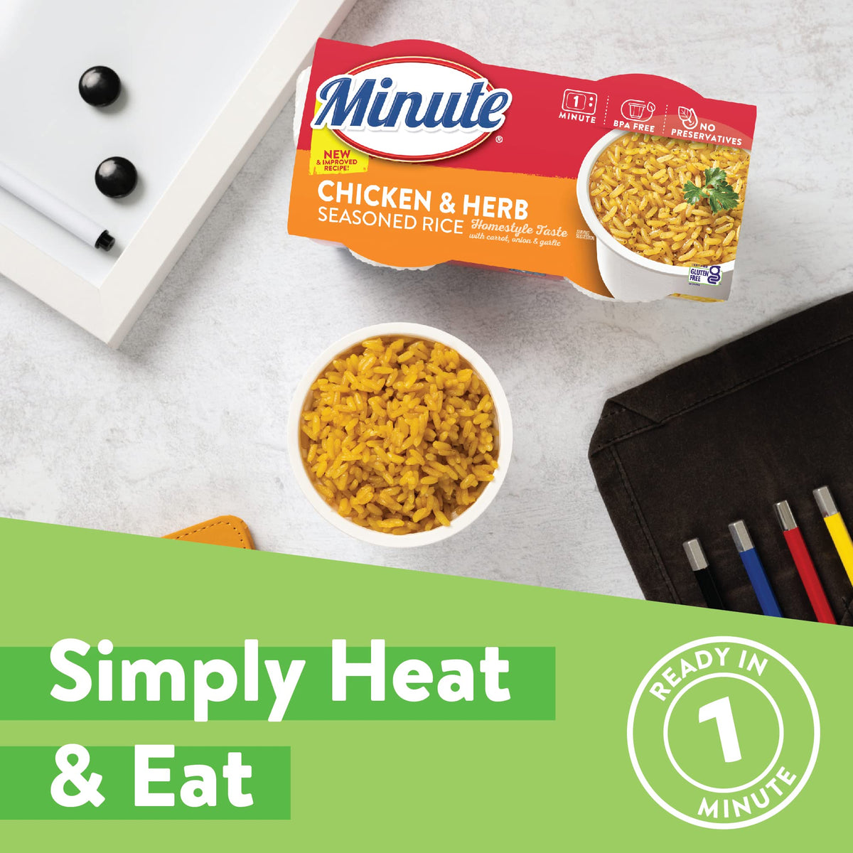 Minute Ready-to-Serve chicken and herb rice cup, microwaved to fluffy grains.
