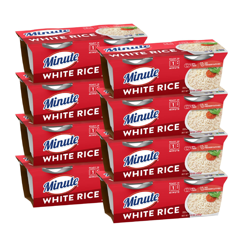 Minute Ready-to-Serve White Rice cup heated in microwave for a quick meal.
