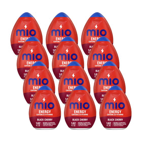 Mio Energy Black Cherry bottle shows bold flavor for on-the-go hydration and a caffeine boost.